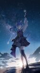  1girl absurdres arm_up asymmetrical_footwear asymmetrical_sidelocks belt beret blue_choker blue_eyes blue_hair breasts choker cloud commentary crown english_commentary falling_star full_body gloves gradient_sky grey_hat hair_between_eyes half-jacket hat highres hololive hoshimachi_suisei hoshimachi_suisei_(14th_costume) jacket jewelry long_hair long_sleeves looking_at_viewer milky_way mini_crown multiple_belts necktie night official_alternate_costume outstretched_arm partially_fingerless_gloves pendant_choker plaid_clothes plaid_jacket polaris_(star) ribbon scenery shadow shirt side_ponytail sidelocks skirt sky small_breasts solo star_(sky) star_(symbol) star_in_eye star_pendant starry_sky starry_sky_background sunlight symbol_in_eye thighlet thighs uneven_footwear virtual_youtuber white_shirt wrinkled_fabric yuiwata_k 