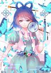  1girl absurdres blue_butterfly blue_dress blue_eyes blue_hair blurry bug butterfly closed_mouth commentary_request depth_of_field dress egasumi hagoromo hair_ornament hair_rings hair_stick highres holding ikth00nm kaku_seiga looking_at_viewer open_clothes open_vest puffy_short_sleeves puffy_sleeves shawl short_hair short_sleeves smile solo touhou vest white_shawl white_vest 
