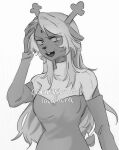  1girl alien_stage animal_ears antlers arm_cutout breasts buck_teeth clothing_cutout commission commissioner_name commissioner_upload constricted_pupils cosplay crazy_smile deer_antlers deer_ears deer_tail deltarune dimple dress forehead_jewel furry furry_female greyscale hand_on_own_head highres horns long_hair long_sleeves looking_at_viewer mizi_(alien_stage) mizi_(alien_stage)_(cosplay) monochrome noelle_holiday non-web_source open_mouth second-party_source short_tail smile solo tail teeth the_quipper turtleneck turtleneck_dress utdr_(toby_fox) very_long_hair vgen_commission watermark 