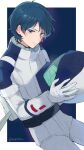  1boy absurdres aeug artist_name blue_eyes blue_hair bodysuit border closed_mouth commentary gundam helmet highres holding holding_unworn_helmet kamille_bidan male_focus mecha_pilot_suit normal_suit_(gundam) ogura_(onigiritakusan) science_fiction short_hair solo space space_helmet twitter_username unworn_headwear unworn_helmet white_bodysuit white_border zeta_gundam 