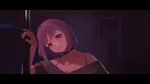  1girl bang_dream! bang_dream!_it's_mygo!!!!! black_choker choker commentary grin head_tilt highres indoors letterboxed looking_at_viewer lunafeast parody pole purple_hair red_eyes short_hair silent_hill_(series) silent_hill_2 smile solo upper_body yuutenji_nyamu 