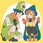  1boy 1girl alena_(dq4) blush boots cape clift closed_mouth curly_hair dragon_quest dragon_quest_iv dress gloves hat long_hair miyama_(kannsannn) orange_hair pantyhose skirt smile 