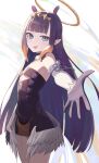  1girl :d bare_shoulders black_collar black_dress black_gloves blue_eyes blunt_bangs breasts cleavage clothing_cutout collar commentary cutout_above_navel detached_sleeves diamond_hairband dress english_commentary feathered_wings fur-trimmed_collar fur_trim gloves gold_hairband gradient_hair hairband halo hidoryy highres hololive hololive_english long_hair looking_at_viewer low_wings mole mole_under_eye multicolored_hair ninomae_ina'nis ninomae_ina'nis_(1st_costume) open_mouth orange_hair pointy_ears purple_hair short_dress sidelocks single_detached_sleeve sleeveless sleeveless_dress small_breasts smile solo straight_hair strapless strapless_dress tentacle_hair tube_dress very_long_hair virtual_youtuber white_sleeves white_wings wings 