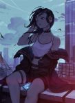  1girl ;( absurdres arm_out_of_sleeve arm_strap bare_shoulders belt black_hair black_jacket black_shorts blurry breasts building cellphone choker city cleavage cloud cloudy_sky crane_(machine) crop_top doloyume english_commentary feet_out_of_frame fishnets floating_hair hand_in_hair hand_on_headphones hand_up headphones highres jacket lipstick listening_to_music long_hair long_sleeves looking_away looking_to_the_side makeup mole mole_under_eye off_shoulder original outdoors parted_lips phone product_placement shorts signature sitting sky skyscraper small_breasts smartphone solo sony tank_top thigh_strap wind 
