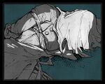 1boy black_border blue_background border bound bound_arms bound_torso charon_(reverse:1999) coat commentary_request covered_face greyscale_with_colored_background highres lying male_focus on_side reverse:1999 rope solo tied_up_(nonsexual) ueda_(9ed0u) upper_body veil 