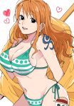  1girl bare_shoulders bikini black_eyes breasts chatubo cleavage clima-tact coat collarbone commentary earrings green_bikini heart highres jewelry jolly_roger large_breasts long_hair looking_at_viewer nami_(one_piece) navel one_piece open_clothes open_coat open_mouth orange_hair pearl_earrings shoulder_tattoo side-tie_bikini_bottom simple_background single_sidelock solo staff stomach straw_hats_jolly_roger swimsuit tattoo teeth upper_body upper_teeth_only wavy_hair white_background yellow_coat 