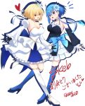  2girls alternate_costume antenna_hair arcueid_brunestud arcueid_brunestud_(mooncancer) arms_at_sides black_dress black_gloves black_sleeves blonde_hair blue_bow blue_dress blue_eyes blue_fire blue_shoes blue_thighhighs blush bow breasts choker ciel_(tsukihime) cleavage commentary_request commission detached_sleeves dress dress_bow fate/grand_order fate_(series) fire flower frilled_dress frills full_body gloves gold_trim hair_flower hair_ornament heart high_heels highres large_breasts looking_at_viewer matching_outfits medium_breasts multiple_girls notice_lines puffy_detached_sleeves puffy_sleeves red_eyes shoes short_hair single_hair_intake skeb_commission smile star_ciel_(fate) surprised thighhighs thighs two-tone_dress vent_vert_(kuuya) white_dress white_flower white_shoes white_sleeves white_thighhighs zettai_ryouiki 