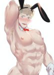  1boy abs animal_ears armpit_hair bara blush bow bowtie bunny_boy chest detached_collar fake_animal_ears gloves haiki_(tegusu) highres looking_at_viewer male_focus muscle navel nipples nude original pectorals solo 