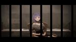  1girl :3 bang_dream! bang_dream!_it's_mygo!!!!! black_skirt chair closed_mouth commentary grey_shirt hands_on_lap highres indoors letterboxed looking_at_viewer lunafeast on_chair parody prison_cell purple_hair red_eyes shirt short_hair silent_hill_(series) silent_hill_2 sitting skirt solo wooden_chair yuutenji_nyamu 