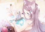  1girl absurdres animal_ear_fluff animal_ears bare_shoulders bath bathing bathtub blue_eyes blush braid braided_bangs bubble cat_ears commentary_request furisuku hair_ornament hairclip highres hoshino_nyaa huge_filesize indie_virtual_youtuber lavender_hair long_hair looking_at_viewer nail_polish pink_nails purple_nails sitting smile solo star-shaped_pupils star_(symbol) star_in_eye symbol-shaped_pupils symbol_in_eye tablet_pc virtual_youtuber 