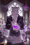  1boy absurdres animal_ears animal_skull astatos black_suit bottle claws closed_mouth commentary copyright_logo copyright_name copyright_notice english_commentary flask furry furry_male highres holding holding_flask incense_burner jewelry krokos_(astatos) licking_lips logo looking_at_viewer male_focus multiple_rings n16_furry official_art one_eye_closed quill ring second-party_source shirt smile smoke snow_leopard_boy snow_leopard_ears snow_leopard_tail suit tail tongue tongue_out white_shirt 