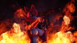  16:9 3d_(artwork) 5_fingers animatronic anthro breasts digital_media_(artwork) female fingers fire front_view gold97fox gun hair hi_res holding_gun holding_object holding_weapon machine nipples nude ranged_weapon red_body red_hair robot shotgun solo weapon widescreen 