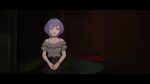  1girl bang_dream! bang_dream!_it's_mygo!!!!! black_choker black_skirt choker commentary facing_viewer grey_shirt highres indoors letterboxed looking_to_the_side lunafeast parody purple_hair red_eyes shirt short_hair sideways_glance silent_hill_(series) silent_hill_2 skirt solo standing upper_body yuutenji_nyamu 