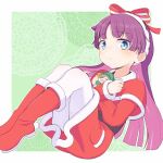  1girl blue_eyes boots bow capelet character_doll christmas closed_mouth commentary_request crossed_wrists doll dress feli_(puyopuyo) feli_(santa)_(puyopuyo) full_body fur-trimmed_boots fur-trimmed_capelet fur-trimmed_dress fur_trim green_background hair_bow hairband highres hugging_doll hugging_object jazz_grace knees_up lemres_(puyopuyo) looking_at_viewer official_alternate_costume pantyhose purple_hair puyopuyo puyopuyo_quest raised_inner_eyebrows red_boots red_bow red_capelet red_dress santa_costume santa_dress solo white_hairband white_pantyhose 