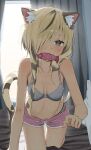  1girl absurdres all_fours animal_ear_fluff animal_ears aqua_eyes black_panties blonde_hair blush bra breasts cat_girl commentary commission curtains eyebrow_piercing face_piercing foreshortening full_body grey_bra hair_over_one_eye hand_up highres indoors long_hair looking_at_viewer medium_breasts mouth_hold navel no_shirt on_bed original panties piercing pink_shorts short_shorts shorts solo striped_clothes striped_hair striped_panties striped_tail stuffed_animal stuffed_fish stuffed_toy syhan tail underwear untranslatable_commentary window 
