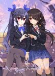  2girls absurdres artist_collaboration bench black_hair blazer blush bow branch breasts brown_hair cherry_blossoms commentary date_a_live day english_commentary falling_petals four-finger_heart_hands hair_ribbon heart heart_hands heart_hands_duo highres jacket long_hair long_sleeves looking_at_viewer low_twintails medium_breasts multiple_girls neckerchief neptune_(series) noire_(neptunia) on_bench open_mouth outdoors park park_bench petals raizen_high_school_uniform red_eyes ribbon school_uniform shirt sitting skirt smile socks spleeny thighhighs tokisaki_kurumi tree twintails very_long_hair white_shirt wooden_bench xdlloyd091x 