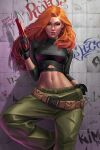  1girl artist_name belt black_gloves breasts cargo_pants character_name commentary douglas_bicalho english_commentary gloves graffiti grappling_gun green_eyes heart highres holding kim_possible kim_possible_(series) long_hair long_sleeves looking_at_viewer loose_belt medium_breasts midriff navel orange_hair paid_reward_available pants solo tile_wall tiles 