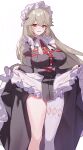  1girl absurdres alexandrina_sebastiane apron black_dress breasts clothes_lift commentary dress dress_lift feet_out_of_frame grey_hair highres juliet_sleeves large_breasts long_hair long_sleeves looking_at_viewer maid maid_apron maid_headdress pantyhose puffy_sleeves red_eyes simple_background single_bare_leg single_leg_pantyhose smile solo standing taiyaki12 very_long_hair white_background white_pantyhose zenless_zone_zero 