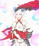  1girl ^_^ armor armored_dress armpit_crease blush bracer breasts cleavage closed_eyes collar collarbone cross cross_earrings detached_sleeves dna_kayoko drawn_ears drawn_whiskers dress earrings english_commentary fang hair_between_eyes happy highres honkai_(series) honkai_impact_3rd hug implied_yuri jewelry kiana_kaslana kiana_kaslana_(herrscher_of_flamescion) mechanical_arms petting raiden_mei raiden_mei_(herrscher_of_thunder) skin_fang smile thighhighs vest white_hair 