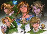  6+boys arm_up belt belt_buckle blonde_hair blue_eyes blue_shirt blue_tunic boots brown_belt brown_boots buckle cateille champion's_tunic_(zelda) closed_mouth collared_shirt commentary conductor_baton cropped_shoulders curtained_hair earrings fairy frown green_hat green_tunic hat highres holding holding_baton holding_mask holding_shield holding_sword holding_weapon hylian_shield jewelry leggings link long_pointy_ears male_focus mask mask_of_truth multiple_boys navi one_eye_closed open_mouth parted_bangs parted_lips piercing pointing pointing_up pointy_ears profile shield shirt smile swept_bangs sword the_legend_of_zelda the_legend_of_zelda:_breath_of_the_wild the_legend_of_zelda:_link's_awakening the_legend_of_zelda:_majora's_mask the_legend_of_zelda:_ocarina_of_time the_legend_of_zelda:_skyward_sword the_legend_of_zelda:_the_wind_waker the_legend_of_zelda:_twilight_princess toon_link triforce tunic weapon white_leggings white_shirt wind_waker_(object) young_link 