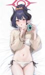  +_+ 1girl :o akita_hika bed_sheet bikini black_hair black_horns blue_archive blush breasts camera chiaki_(blue_archive) chiaki_(swimsuit)_(blue_archive) commentary_request cowboy_shot dakimakura_(medium) demon_girl demon_horns groin hair_bun hair_ornament hair_scrunchie halo hands_up highres holding holding_camera horns long_hair looking_at_viewer lying medium_breasts navel o-ring o-ring_bikini o-ring_top official_alternate_costume official_alternate_hairstyle on_back open_mouth pointy_ears red_eyes red_halo scrunchie side-tie_bikini_bottom single_hair_bun skindentation solo stomach sweat swimsuit thigh_gap thighs tsurime v-shaped_eyebrows white_bikini yellow_scrunchie 