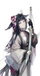  1girl absurdres animal_ears arknights bird_ears bird_girl black_gloves black_hair black_kimono black_sash blue_eyes blunt_bangs chinese_commentary commentary_request expressionless flower glove_nails gloves hair_flower hair_ornament hair_wings highres holding holding_sword holding_weapon japanese_clothes kimono long_hair long_sleeves looking_at_viewer miga182525 mio_(arknights) ootachi sash simple_background single_glove solo sword two-tone_kimono very_long_hair weapon white_background white_kimono wide_sleeves 