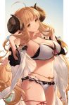  1girl ahoge anila_(granblue_fantasy) bangs bare_shoulders belly_chain bikini black_bikini blonde_hair blush breasts cleavage closed_mouth collarbone detached_sleeves draph feb_itk granblue_fantasy highres horns jewelry large_breasts layered_bikini long_hair looking_at_viewer navel sheep_horns short_eyebrows smile swimsuit thick_eyebrows thighs very_long_hair white_bikini wide_sleeves yellow_eyes 