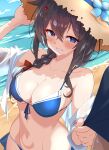  1girl 1other absurdres beach bikini black_hair blue_bikini blue_eyes braid breasts brown_hat cleavage commentary_request flower front-tie_bikini_top front-tie_top hair_flaps hair_over_shoulder hat hat_flower highres kantai_collection large_breasts long_hair lowleg lowleg_bikini official_alternate_costume outdoors parted_lips shiba_(zudha) shigure_(kancolle) shigure_kai_san_(kancolle) shigure_kai_san_(swimsuit)_(kancolle) side-tie_bikini_bottom single_braid solo_focus straw_hat swimsuit 