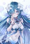  1girl aqua_hair aqua_sleeves bandeau blush bracelet breasts choker collar commentary_request detached_collar detached_sleeves fins flower genshin_impact grey_choker hair_flower hair_ornament hair_over_one_eye hand_on_own_face head_fins highres jewelry looking_at_viewer merfolk mermaid monster_girl nayul_illust pearl_hair_ornament puffy_detached_sleeves puffy_sleeves simple_background small_breasts solo vodyanitsa_(genshin_impact) wet white_bandeau white_collar white_flower white_sleeves 