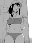  1girl baseball_cap blush covered_nipples eyebrows_behind_hair greyscale hat highres houkago_teibou_nisshi kotani_sayaka leaning_back midriff mole mole_under_eye monochrome navel off_shoulder onsen_tamago_(hs_egg) open_eyes open_mouth sanpaku sign solo standing stomach strap_pull sweatdrop swimsuit tied_hair translated whistle whistle_around_neck 