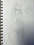  1girl animal_ears breasts denim dxrkmonarch graphite_(medium) hair_intakes hair_ornament hands_on_own_chest highres horse_ears horse_girl horse_tail large_breasts light_hello_(umamusume) medium_hair photo_(medium) sketch solo tail thick_thighs thighs traditional_media uma_summer_(umamusume) umamusume wide_hips 