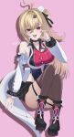 1girl ahoge black_boots black_skirt black_thighhighs blonde_hair boots cissia_(zenless_zone_zero) commentary_request detached_sleeves fang full_body hair_ornament half-heart_hands highres leotard long_hair looking_at_viewer metal_wrist_cuffs miniskirt multicolored_leotard pink_background pink_nails pom_pom_(clothes) pom_pom_hair_ornament red_eyes shock_collar skirt snake_girl snake_tail solo tail thighhighs two-tone_leotard uito zenless_zone_zero 