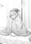  >_< 1girl ayase_saki blanket closed_eyes commentary_request gimai_seikatsu greyscale hair_ornament hairclip hat highres hiten_(hitenkei) indoors kneeling monochrome novel_illustration official_art on_bed open_mouth santa_hat second-party_source shaking_head solo wrapped_in_blanket 