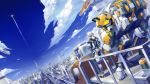  1boy armor city cloud from_behind hands_on_hips highres mecha original science_fiction sky souto_(0401) white_hair 
