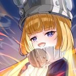  1girl ayahabihabi blonde_hair commentary_request grey_helmet helmet highres large_hat long_hair norma_hollowell open_mouth portrait purple_eyes smile solo zenless_zone_zero 
