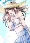  1girl bare_shoulders black_hair blue_skirt blue_sky bracelet breasts brown_eyes cloud cloudy_sky commentary_request cowboy_shot dissidia_duellum_final_fantasy dissidia_final_fantasy final_fantasy final_fantasy_viii flower flower_bracelet frilled_skirt frills hat hat_flower highres jewelry kirahoshi_x long_hair looking_at_viewer medium_breasts midriff necklace official_alternate_costume open_mouth outdoors pearl_necklace rinoa_heartilly rinoa_heartilly_(mermaid_pearl) shirt skirt sky solo sun_hat white_shirt 