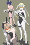  3girls :/ absurdres animal_ear_hairband animal_ears arm_strap artistic_error ass assault_rifle bare_shoulders beretta_1301 black_eyes black_gloves black_hairband black_leotard black_shoes blonde_hair blue_archive blue_hair bow bowtie breasts brown_background brown_eyes brown_hair brown_pantyhose bunny_girl_guard_(ar)_(blue_archive) bunny_girl_guard_(sg)_(blue_archive) bunny_girl_guard_(sr)_(blue_archive) center-flap_bangs cleavage closed_mouth collarbone commentary detached_collar fake_animal_ears fingerless_gloves frilled_thigh_strap glasses gloves grey_bow grey_bowtie groin gun h&amp;k_psg1 hairband high_heels highleg highleg_leotard highres holding holding_gun holding_weapon ikakeore kamina_shades kneeling leotard long_hair m4_carbine median_furrow medium_breasts multiple_girls on_one_knee orange-tinted_eyewear pantyhose partially_colored playboy_bunny pouch pumps rabbit_ears rifle shadow shoes short_hair shotgun simple_background sniper_rifle standing straight_hair thigh_pouch thigh_strap tinted_eyewear twintails weapon white_wrist_cuffs wrist_cuffs 