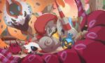  antennae armor blue_eyes bug centipede colored_sclera commentary english_commentary escavalier fangs helmet highres insect_wings karrablast lance larva larvesta moth multiple_wings no_humans orange_eyes orange_sky orange_wings pokemon pokemon_(creature) pokemon_focus polearm scolipede shintarokuma sky sleeping venipede volcarona weapon white_fur wings yellow_sclera 