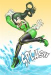  1girl asui_tsuyu black_eyes black_hair bodysuit boku_no_hero_academia cubechicken15 frog_girl gloves goggles goggles_on_head gradient gradient_background green_hair hair_between_eyes hair_rings long_hair long_tongue low-tied_long_hair solo splashing tongue tongue_out twisted_torso water white_gloves yellow_background 