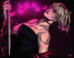  1girl 666chevy black_tank_top blonde_hair blue_eyes bob_cut breasts bug butterfly butterfly_tattoo chest_tattoo choker cleavage closed_mouth colored_tips highres jacket jacket_partially_removed lipstick looking_at_viewer makeup maria_(silent_hill) multicolored_hair pink_butterfly pole red_jacket short_hair silent_hill_(series) silent_hill_2 simple_background solo stripper_pole tank_top tattoo two-tone_hair 