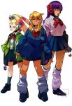  3girls alia_(mega_man) android axl_(mega_man) bag blonde_hair blue_eyes bow bowtie cellphone_charm character_charm charm_(object) contemporary danyhu16 green_eyes gyaru hair_bow highres joints layer_(mega_man) leg_warmers mega_man_(series) mega_man_x_(series) multiple_girls pallette_(mega_man) purple_hair red_bow red_bowtie robot_ears robot_girl robot_joints school_bag school_uniform simple_background skirt smile thighs uneven_eyes x_(mega_man) zero_(mega_man) 