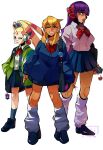  3girls absurdres alia_(mega_man) android axl_(mega_man) bag blonde_hair blue_eyes bow bowtie cellphone_charm character_charm charm_(object) contemporary danyhu16 green_eyes gyaru hair_bow highres joints layer_(mega_man) leg_warmers mega_man_(series) mega_man_x_(series) multiple_girls pallette_(mega_man) purple_hair red_bow red_bowtie revision robot_ears robot_girl robot_joints school_bag school_uniform simple_background skirt smile spanish_commentary thighs uneven_eyes x_(mega_man) zero_(mega_man) 