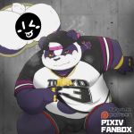  2020 96panda 96panda_hk absurd_res alp_(tas) anthro balls belly blush bulge butt censored clothing fur genitals giant_panda hat headgear headwear hi_res kemono male mammal overweight overweight_anthro overweight_male purple_body purple_fur shirt solo tokyo_afterschool_summoners topwear underwear ursid video_games white_body white_fur 