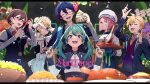  2boys 4girls :d apron aqua_eyes aqua_hair argyle_background banquet bartender black_nails blood blood_on_face blue_capelet blue_eyes blue_gloves blue_hair blue_jacket blue_pants blue_ribbon blue_skirt blue_vest blurry blurry_background blush bottle bow bowtie brooch brown_eyes brown_hair butler buttons capelet chair chef chef_hat cleaver closed_eyes coat collared_shirt commentary_request double-breasted drooling duck_(food) expressionless eyewear_strap fish_(food) flower food fork glasses gloves green_ribbon hair_bun hair_ribbon hat hatsune_miku heart heart_hands heart_hands_over_eye highres holding holding_bottle holding_fork holding_knife holding_money holding_tray imminent_eating jacket jewelry kagamine_len kagamine_rin kaito_(vocaloid) knife large_bow letterboxed mad_diner_(vocaloid) maid maid_apron medium_hair megurine_luka meiko_(vocaloid) money multicolored_hair multiple_boys multiple_girls napio neckerchief necktie noodles on_chair open_mouth pants pink_hair pinstripe_jacket pinstripe_pants pinstripe_pattern pinstripe_suit ponytail purple_vest red_bow red_bowtie red_streaks ribbon salad semi-rimless_eyewear shirt short_hair sitting skirt smile song_name sparkle stole streaked_hair suit sweat teeth toque_blanche tray twintails under-rim_eyewear upper_teeth_only vest vocaloid waist_apron waist_ribbon waistcoat waiter white_apron white_bow white_bowtie white_coat white_neckerchief white_shirt yellow_necktie 