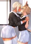  23_(real_xxiii) 2girls absurdres ahoge blonde_hair blue_eyes breasts couple cowboy_shot dark_skin highres huge_breasts jewelry multiple_girls muscle muscular_female original platinum_blonde_hair railing ring school_uniform sela_(23) short_hair stairwell thighhighs toned ursula_(23) wife_and_wife yuri 