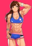  1girl abs animal_print arm_up armpits biceps breasts brown_eyes brown_hair bunny_print cessa cleavage collarbone commentary commission d.va_(overwatch) earrings english_commentary hand_behind_head jewelry long_hair lowleg lowleg_shorts muscle muscular_female navel overwatch pink_background pursed_lips shiny shiny_skin short_shorts shorts small_breasts solo sports_bra sportswear standing stud_earrings thighs whisker_markings wristband 