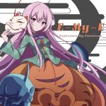  1girl album_cover album_name bow bowtie buttons collared_shirt commentary_request cover egasumi english_text fox_mask green_shirt hata_no_kokoro holding holding_mask kamu_kotan long_sleeves looking_at_viewer maimai_(circle) mask oni_mask orange_skirt pink_eyes pink_hair plaid_clothes plaid_shirt purple_bow purple_bowtie second-party_source shirt skirt skirt_cutout solo touhou 