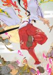  1boy black_hair commentary detached_sleeves egasumi from_behind full_moon hakama hakama_pants houjou_tokiyuki_(nige_jouzu_no_wakagimi) japanese_clothes long_hair male_focus moon nige_jouzu_no_wakagimi pants ponytail red_hakama ribbon-trimmed_sleeves ribbon_trim shoe_soles solo untranslatable_commentary wide_sleeves yayamihachi 