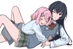  2girls amaori_renako black_hair blue_sweater_vest blush bow bowtie closed_eyes closed_mouth clothes_around_waist collared_shirt cuddling expressionless girl_on_top grey_skirt grey_sweater hair_ornament hairclip hug knees_up koto_satsuki long_hair lying miniskirt multiple_girls on_side one_eye_closed open_mouth parallel_hairclips pink_hair plaid_clothes plaid_skirt red_bow red_bowtie red_eyes school_uniform shirt short_hair simple_background skirt smile straight_hair suritaa_(7urxhmh5eqf5iub) sweater sweater_around_waist sweater_vest watashi_ga_koibito_ni_nareru_wake_naijan_murimuri! white_background white_shirt x_hair_ornament yuri 
