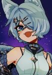 1girl :d animal_ear_fluff animal_ears aqua_eyes artist_name bandaid bandaid_on_face bandaid_on_nose blush breasts commentary deformed elira_pendora elira_pendora_(wolf) fangs fur-trimmed_jacket fur_trim hair_over_one_eye highres jacket medium_breasts mole mole_on_armpit nijisanji nijisanji_en off_shoulder portrait qwo_seven short_hair signature smile solo star-shaped_pupils star_(symbol) symbol-shaped_pupils twitter_username untranslatable_commentary virtual_youtuber wolf_ears 